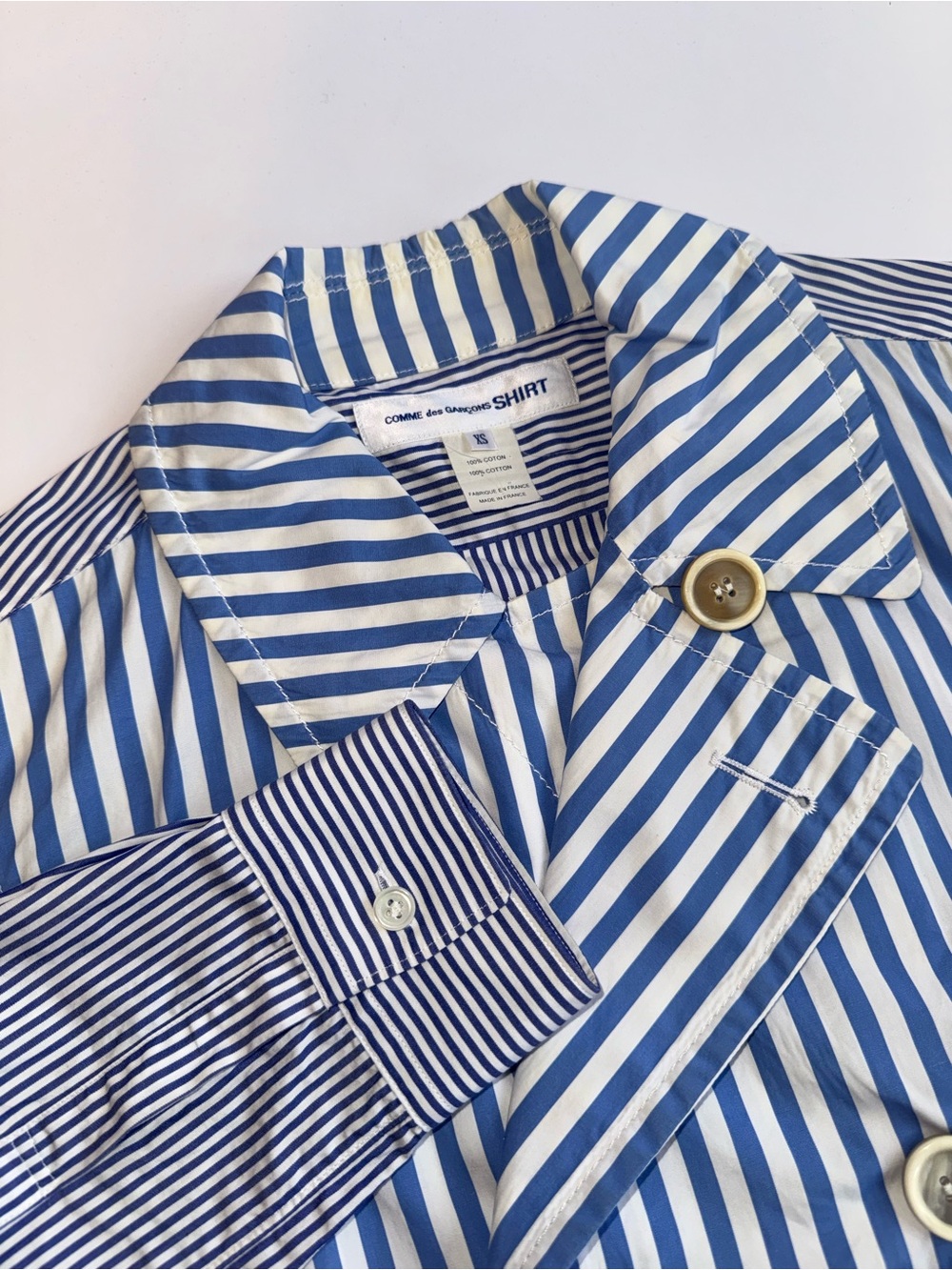 Comme des Garçons SHIRT XS Blue White Striped Double Breasted Shirt Coat France